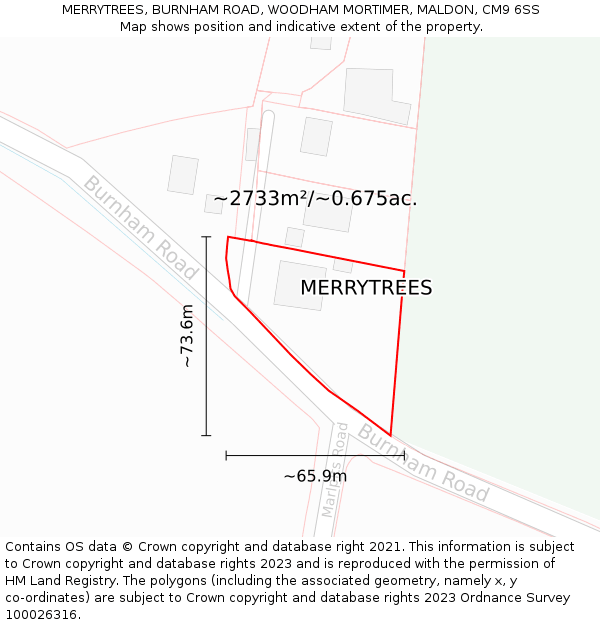 MERRYTREES, BURNHAM ROAD, WOODHAM MORTIMER, MALDON, CM9 6SS: Plot and title map
