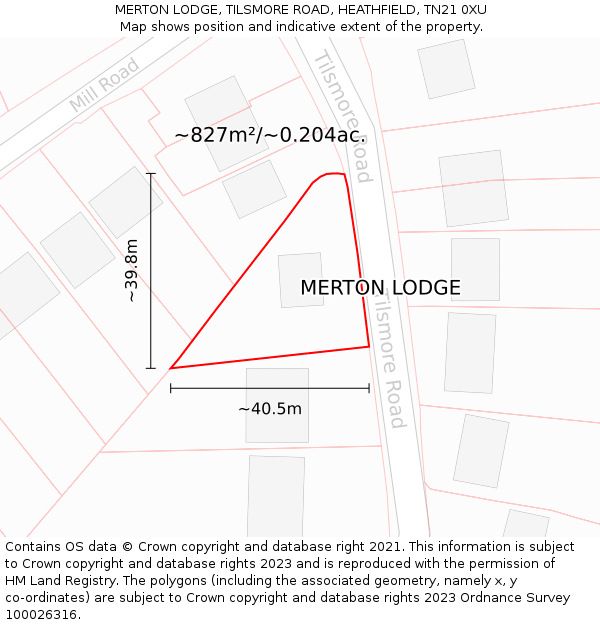 MERTON LODGE, TILSMORE ROAD, HEATHFIELD, TN21 0XU: Plot and title map