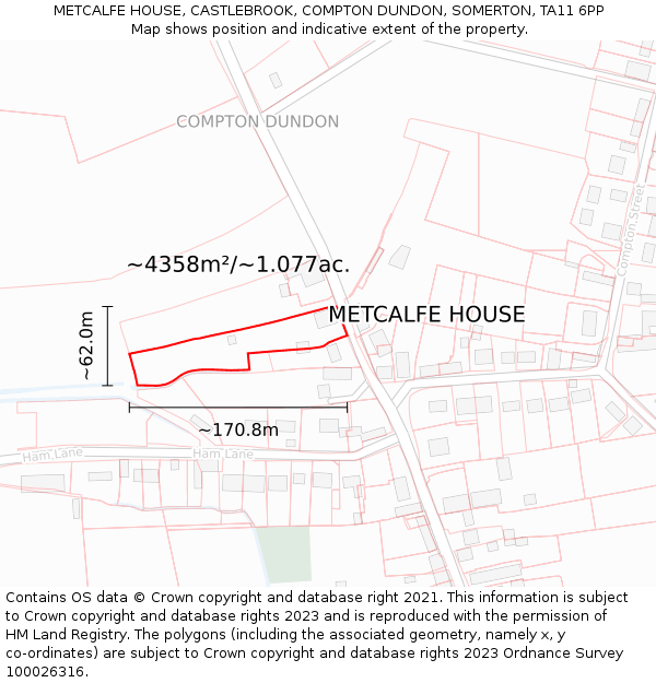 METCALFE HOUSE, CASTLEBROOK, COMPTON DUNDON, SOMERTON, TA11 6PP: Plot and title map