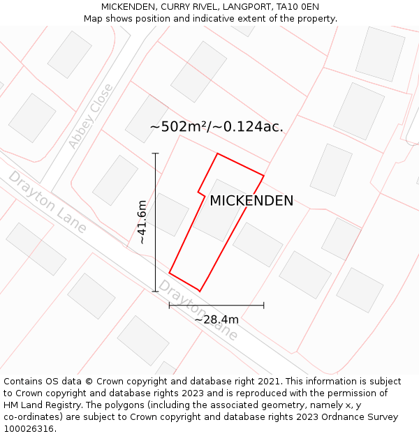 MICKENDEN, CURRY RIVEL, LANGPORT, TA10 0EN: Plot and title map