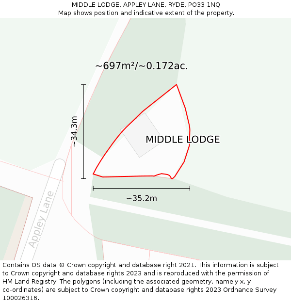 MIDDLE LODGE, APPLEY LANE, RYDE, PO33 1NQ: Plot and title map