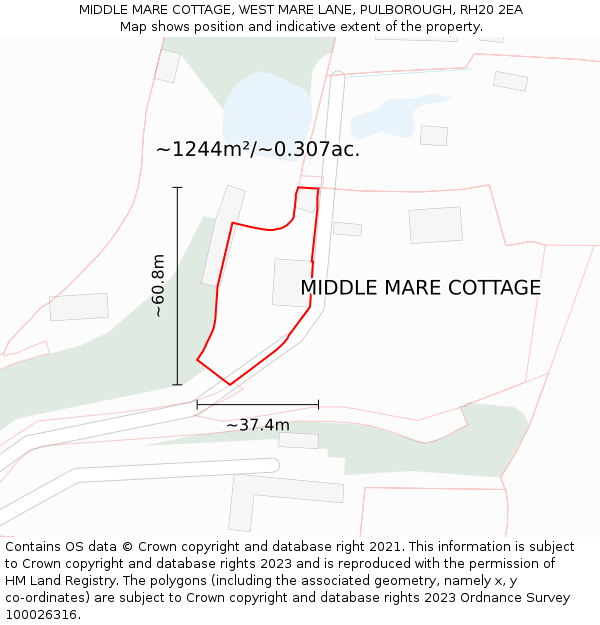 MIDDLE MARE COTTAGE, WEST MARE LANE, PULBOROUGH, RH20 2EA: Plot and title map