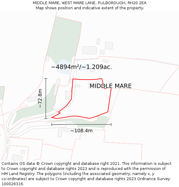 MIDDLE MARE, WEST MARE LANE, PULBOROUGH, RH20 2EA: Plot and title map