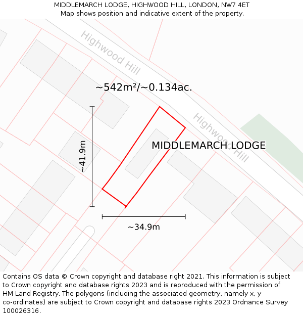 MIDDLEMARCH LODGE, HIGHWOOD HILL, LONDON, NW7 4ET: Plot and title map
