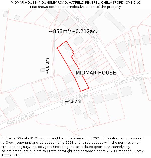 MIDMAR HOUSE, NOUNSLEY ROAD, HATFIELD PEVEREL, CHELMSFORD, CM3 2NQ: Plot and title map