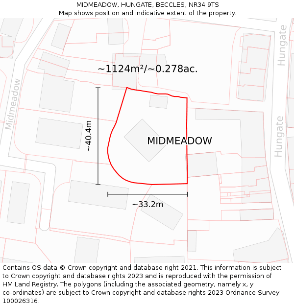 MIDMEADOW, HUNGATE, BECCLES, NR34 9TS: Plot and title map