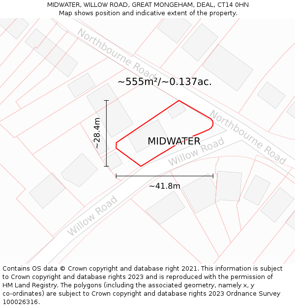 MIDWATER, WILLOW ROAD, GREAT MONGEHAM, DEAL, CT14 0HN: Plot and title map