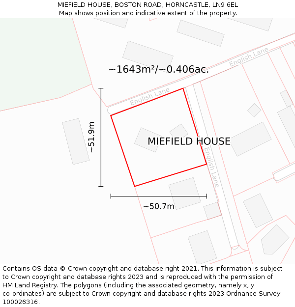 MIEFIELD HOUSE, BOSTON ROAD, HORNCASTLE, LN9 6EL: Plot and title map