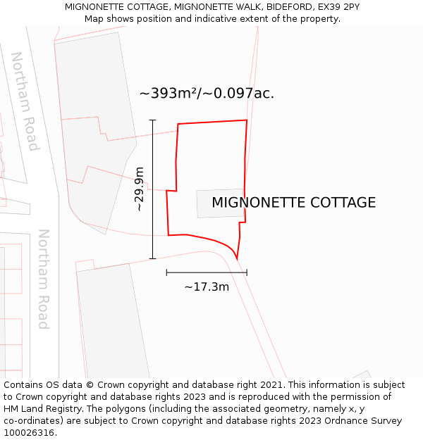 MIGNONETTE COTTAGE, MIGNONETTE WALK, BIDEFORD, EX39 2PY: Plot and title map