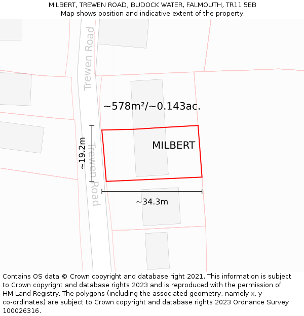 MILBERT, TREWEN ROAD, BUDOCK WATER, FALMOUTH, TR11 5EB: Plot and title map