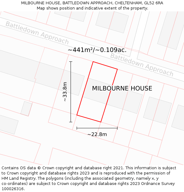 MILBOURNE HOUSE, BATTLEDOWN APPROACH, CHELTENHAM, GL52 6RA: Plot and title map