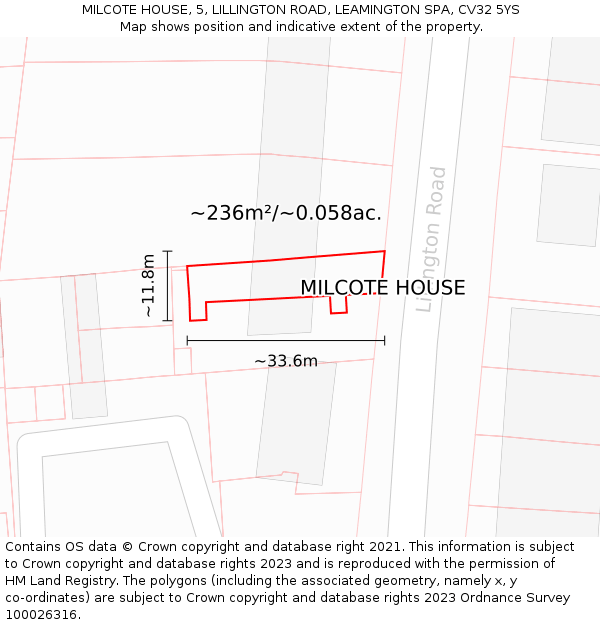 MILCOTE HOUSE, 5, LILLINGTON ROAD, LEAMINGTON SPA, CV32 5YS: Plot and title map