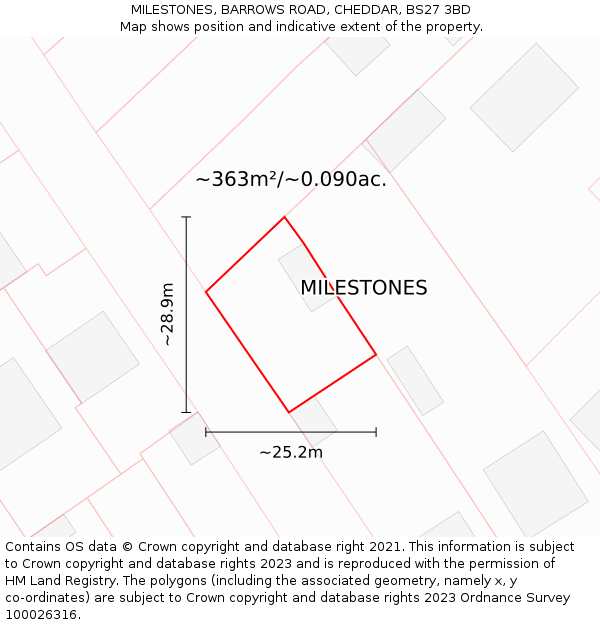 MILESTONES, BARROWS ROAD, CHEDDAR, BS27 3BD: Plot and title map