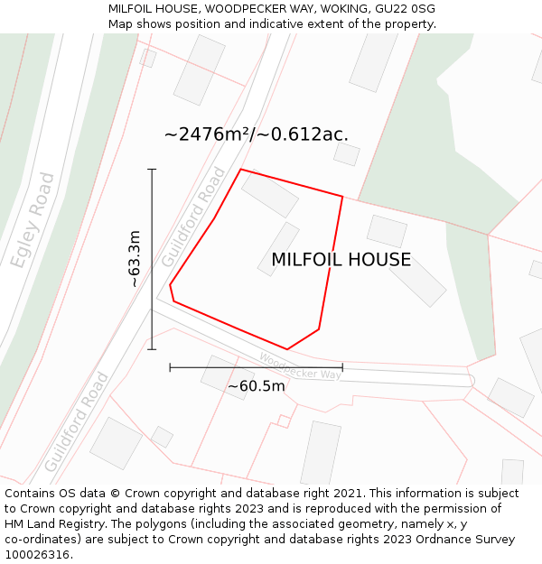 MILFOIL HOUSE, WOODPECKER WAY, WOKING, GU22 0SG: Plot and title map
