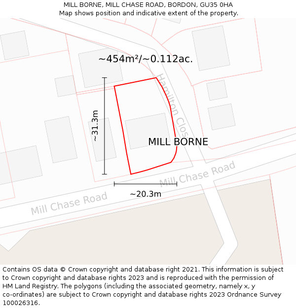 MILL BORNE, MILL CHASE ROAD, BORDON, GU35 0HA: Plot and title map