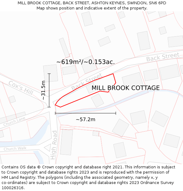 MILL BROOK COTTAGE, BACK STREET, ASHTON KEYNES, SWINDON, SN6 6PD: Plot and title map