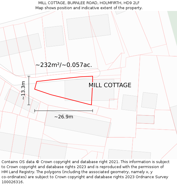 MILL COTTAGE, BURNLEE ROAD, HOLMFIRTH, HD9 2LF: Plot and title map