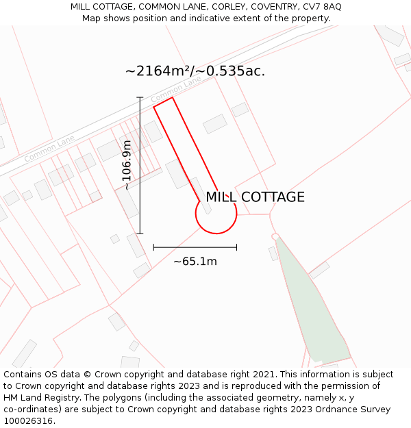 MILL COTTAGE, COMMON LANE, CORLEY, COVENTRY, CV7 8AQ: Plot and title map