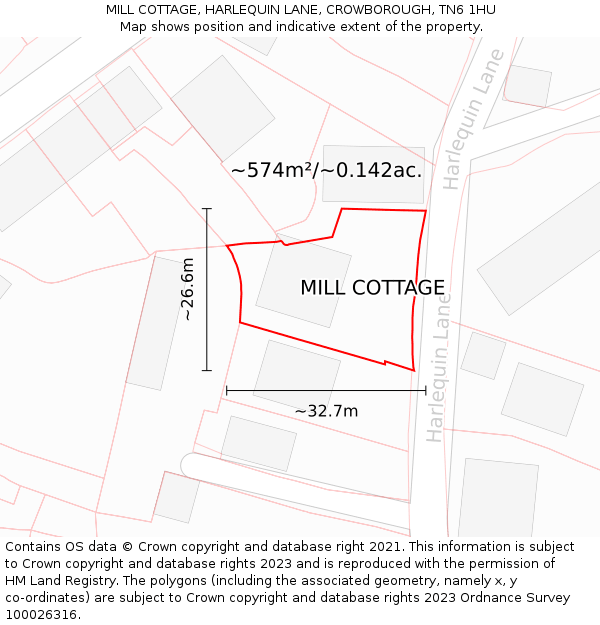 MILL COTTAGE, HARLEQUIN LANE, CROWBOROUGH, TN6 1HU: Plot and title map