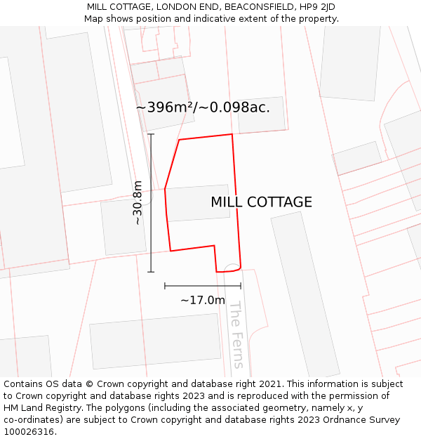 MILL COTTAGE, LONDON END, BEACONSFIELD, HP9 2JD: Plot and title map