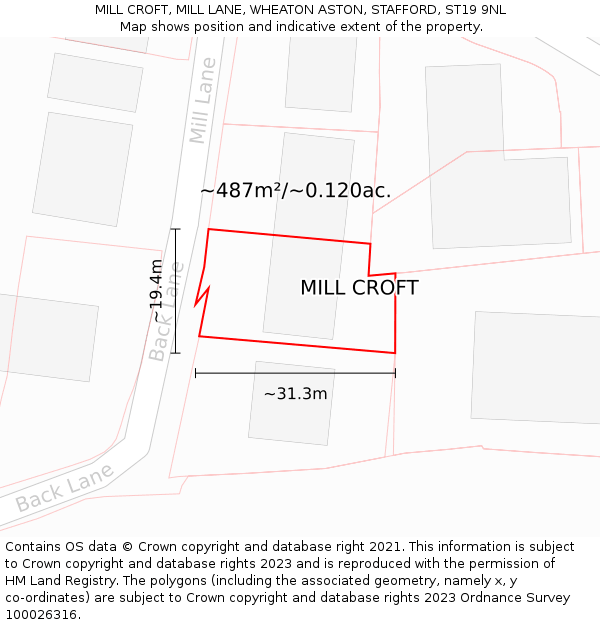 MILL CROFT, MILL LANE, WHEATON ASTON, STAFFORD, ST19 9NL: Plot and title map