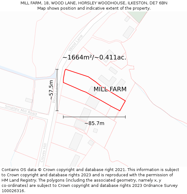 MILL FARM, 18, WOOD LANE, HORSLEY WOODHOUSE, ILKESTON, DE7 6BN: Plot and title map