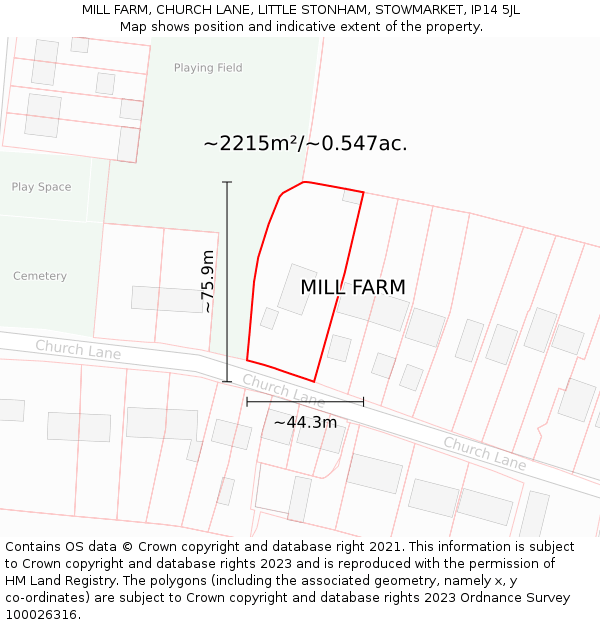 MILL FARM, CHURCH LANE, LITTLE STONHAM, STOWMARKET, IP14 5JL: Plot and title map