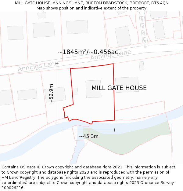 MILL GATE HOUSE, ANNINGS LANE, BURTON BRADSTOCK, BRIDPORT, DT6 4QN: Plot and title map