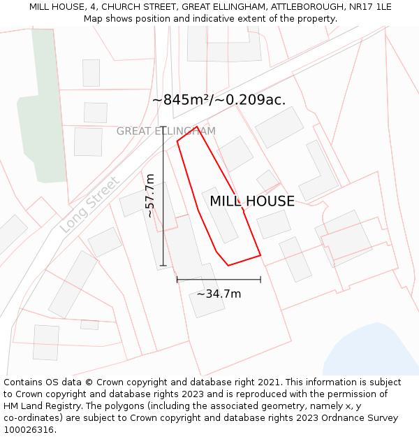 MILL HOUSE, 4, CHURCH STREET, GREAT ELLINGHAM, ATTLEBOROUGH, NR17 1LE: Plot and title map