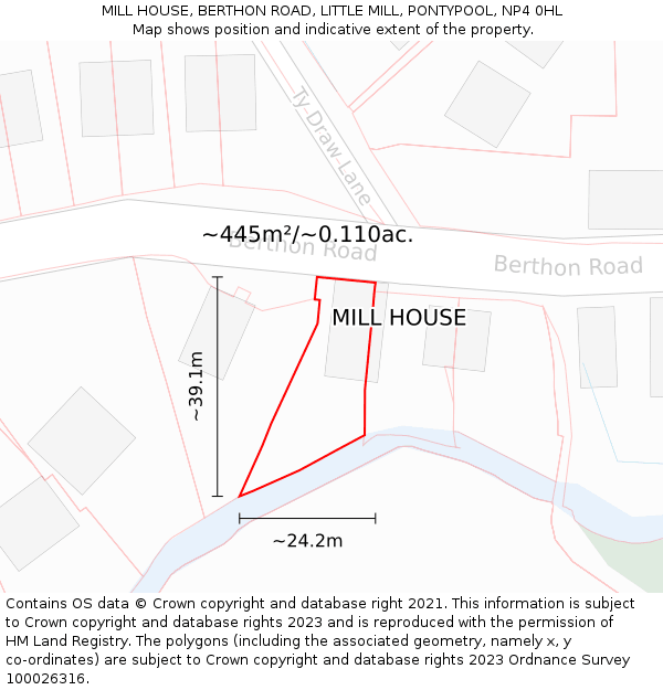MILL HOUSE, BERTHON ROAD, LITTLE MILL, PONTYPOOL, NP4 0HL: Plot and title map