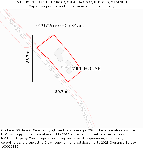 MILL HOUSE, BIRCHFIELD ROAD, GREAT BARFORD, BEDFORD, MK44 3HH: Plot and title map