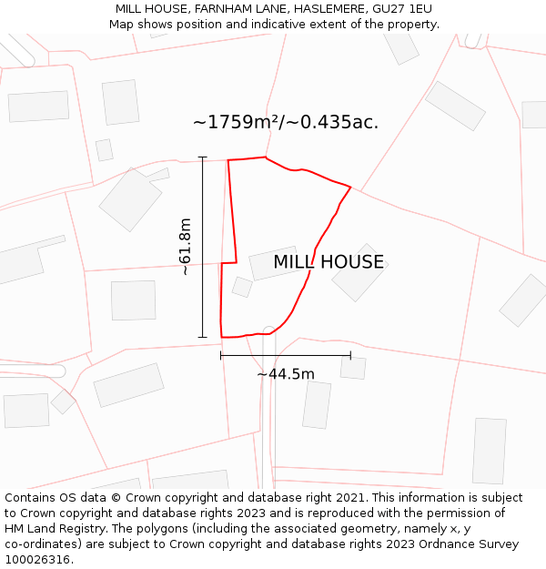 MILL HOUSE, FARNHAM LANE, HASLEMERE, GU27 1EU: Plot and title map