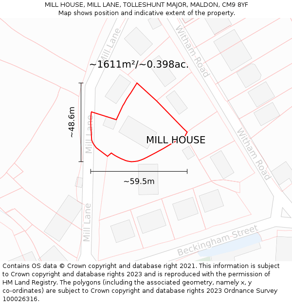 MILL HOUSE, MILL LANE, TOLLESHUNT MAJOR, MALDON, CM9 8YF: Plot and title map