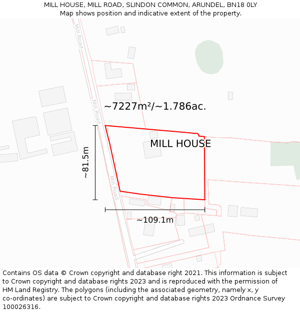 MILL HOUSE, MILL ROAD, SLINDON COMMON, ARUNDEL, BN18 0LY: Plot and title map