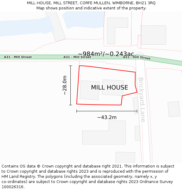 MILL HOUSE, MILL STREET, CORFE MULLEN, WIMBORNE, BH21 3RQ: Plot and title map
