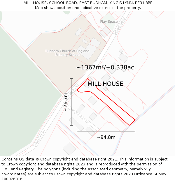 MILL HOUSE, SCHOOL ROAD, EAST RUDHAM, KING'S LYNN, PE31 8RF: Plot and title map