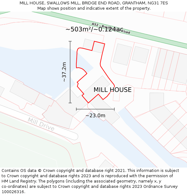 MILL HOUSE, SWALLOWS MILL, BRIDGE END ROAD, GRANTHAM, NG31 7ES: Plot and title map