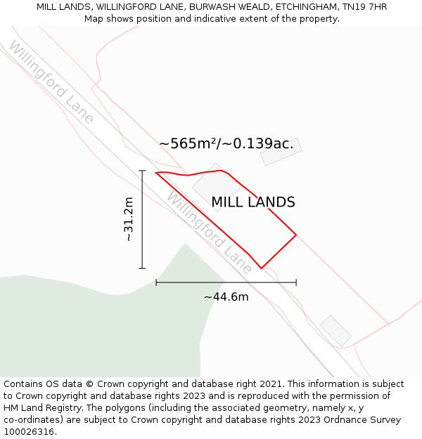 MILL LANDS, WILLINGFORD LANE, BURWASH WEALD, ETCHINGHAM, TN19 7HR: Plot and title map