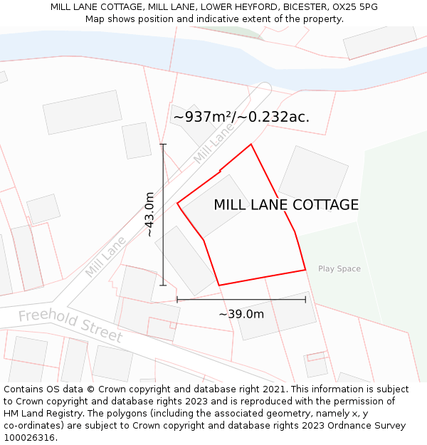 MILL LANE COTTAGE, MILL LANE, LOWER HEYFORD, BICESTER, OX25 5PG: Plot and title map