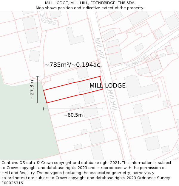 MILL LODGE, MILL HILL, EDENBRIDGE, TN8 5DA: Plot and title map