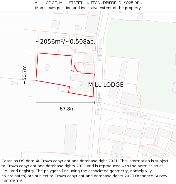 MILL LODGE, MILL STREET, HUTTON, DRIFFIELD, YO25 9PU: Plot and title map