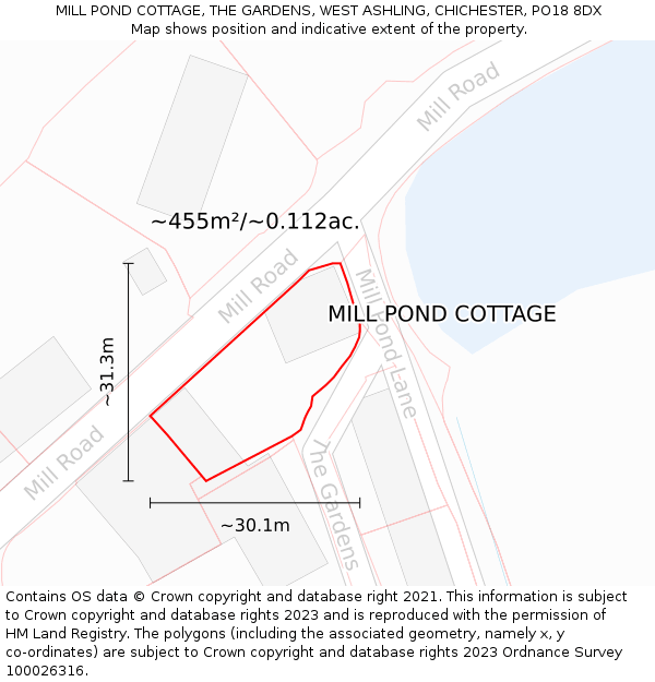 MILL POND COTTAGE, THE GARDENS, WEST ASHLING, CHICHESTER, PO18 8DX: Plot and title map