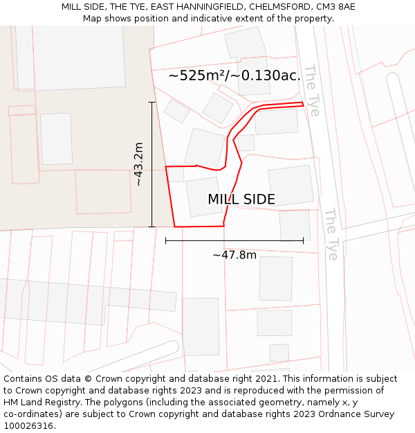 MILL SIDE, THE TYE, EAST HANNINGFIELD, CHELMSFORD, CM3 8AE: Plot and title map