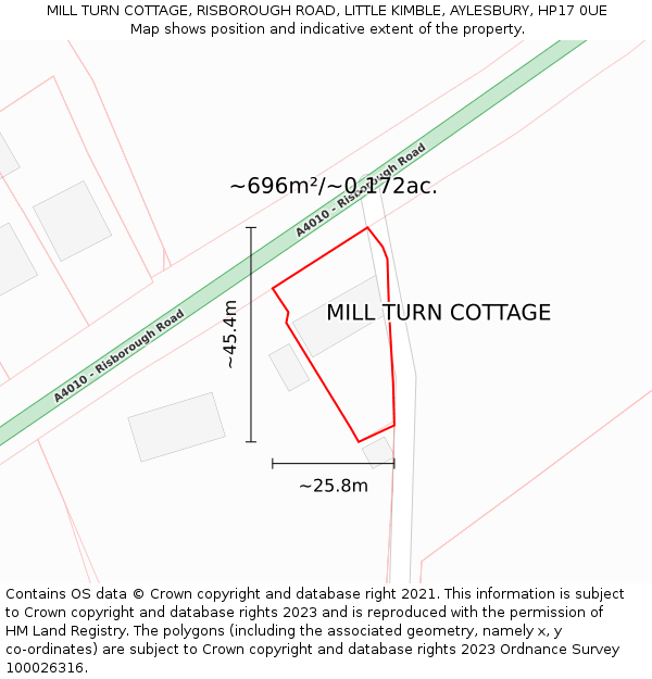 MILL TURN COTTAGE, RISBOROUGH ROAD, LITTLE KIMBLE, AYLESBURY, HP17 0UE: Plot and title map