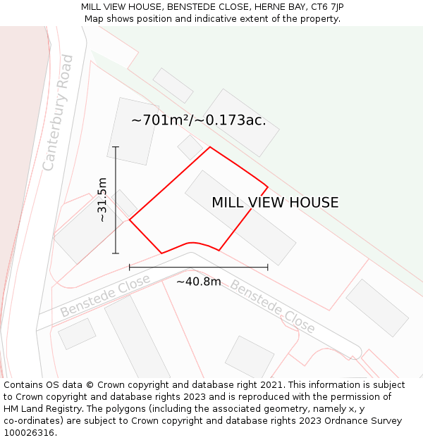 MILL VIEW HOUSE, BENSTEDE CLOSE, HERNE BAY, CT6 7JP: Plot and title map