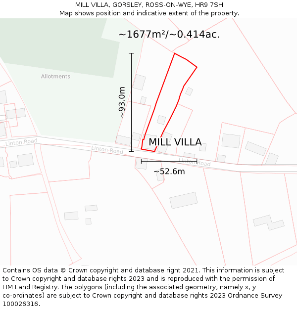 MILL VILLA, GORSLEY, ROSS-ON-WYE, HR9 7SH: Plot and title map