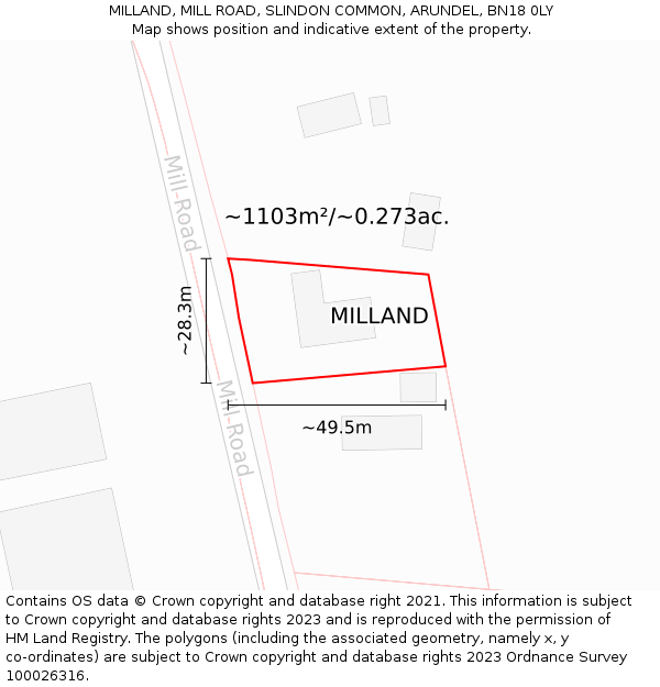 MILLAND, MILL ROAD, SLINDON COMMON, ARUNDEL, BN18 0LY: Plot and title map