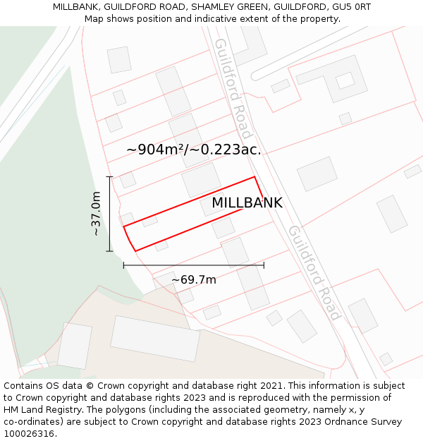 MILLBANK, GUILDFORD ROAD, SHAMLEY GREEN, GUILDFORD, GU5 0RT: Plot and title map