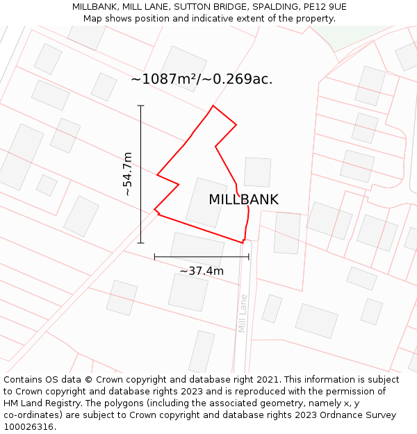 MILLBANK, MILL LANE, SUTTON BRIDGE, SPALDING, PE12 9UE: Plot and title map