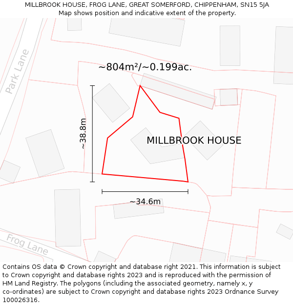 MILLBROOK HOUSE, FROG LANE, GREAT SOMERFORD, CHIPPENHAM, SN15 5JA: Plot and title map